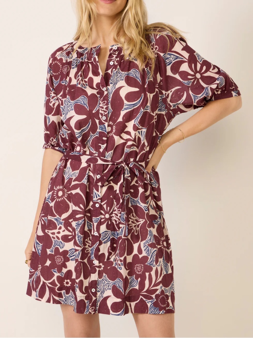Velvet Floral Tie-Waist Mini Dress in Wine and Cream